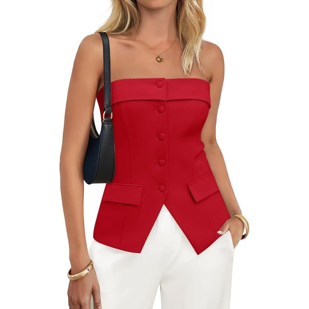 Women's Red Summer Going Out Sleeveless Button Down Dressy Tube Vest Tops